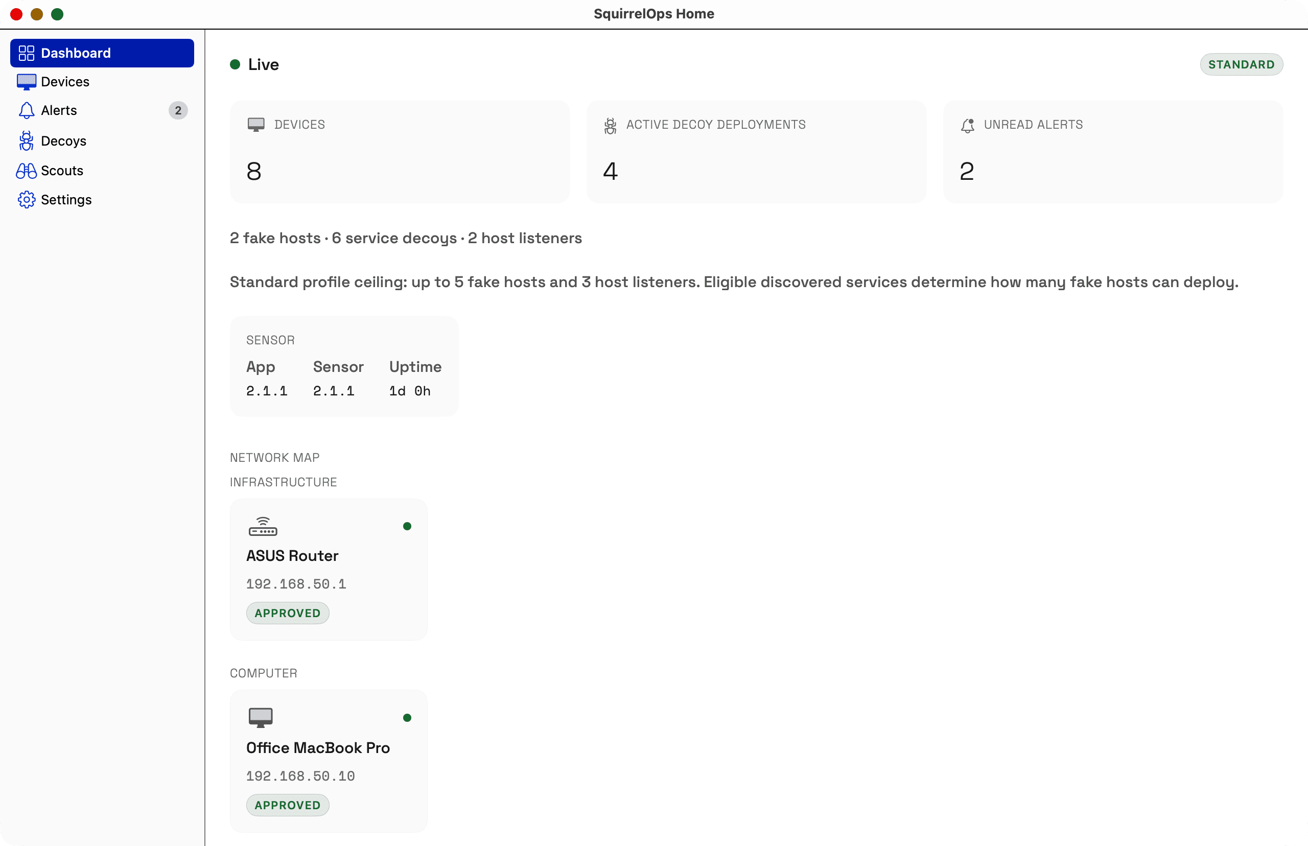 SquirrelOps dashboard with device counts, decoy deployments, and recent synthetic alerts